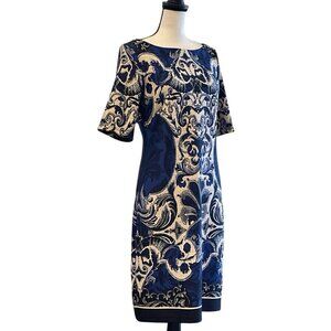 J Taylor Womens Paisley Sheath Dress Size 10 Blue White Print Zipper